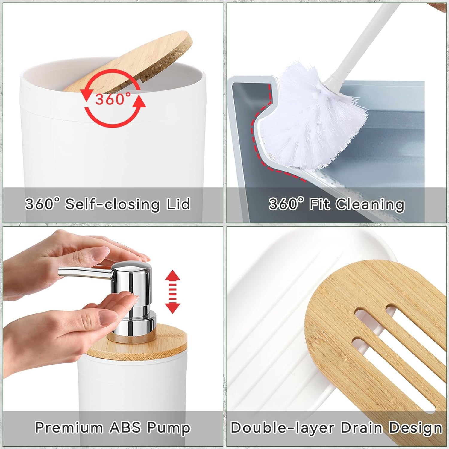 9 Pieces Bathroom Accessory Set, White Bathroom Accessories Set with Trash Can, Tray, Soap Dispenser, Toothbrush Holder, Toothbrush Cup, Soap Dish, Toilet Brush and Q-Tip Holders for Bathroom