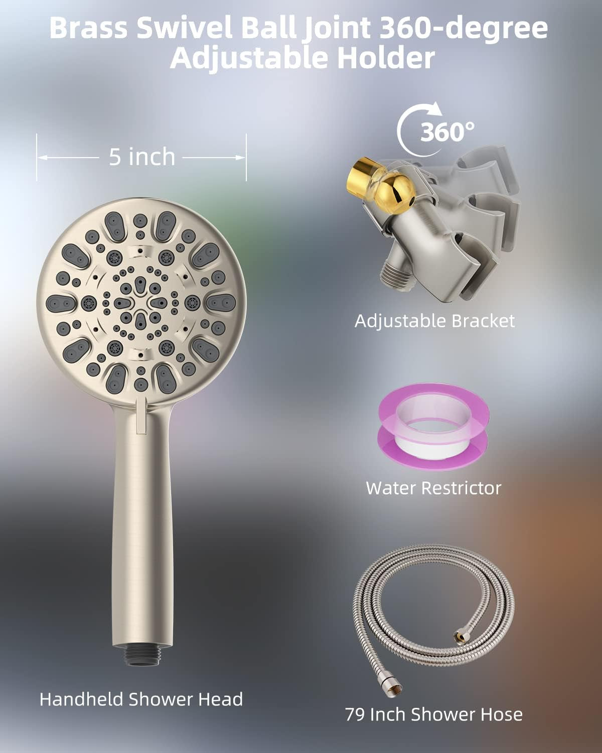 Handheld Shower Head, High Pressure Shower Head 7-Setting 5" Brushed Nickel Face, 79-Inch Stainless Steel Shower Hose, Adjustable Bracket, 7 Functions 1.75 GPM for California Shower Spray Head