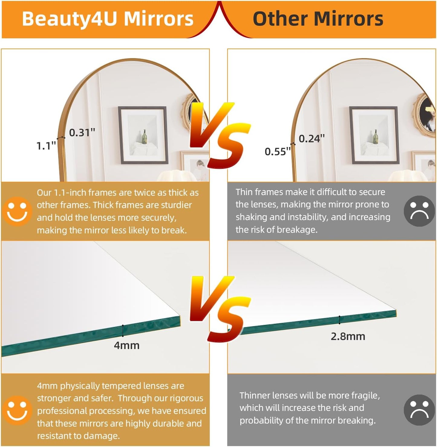 Arched Full Length Mirror Floor Mirror Standing or Leaning, Bedroom Mirror Dressing Mirror with Gold Aluminum Alloy Frame, 65" X 24"