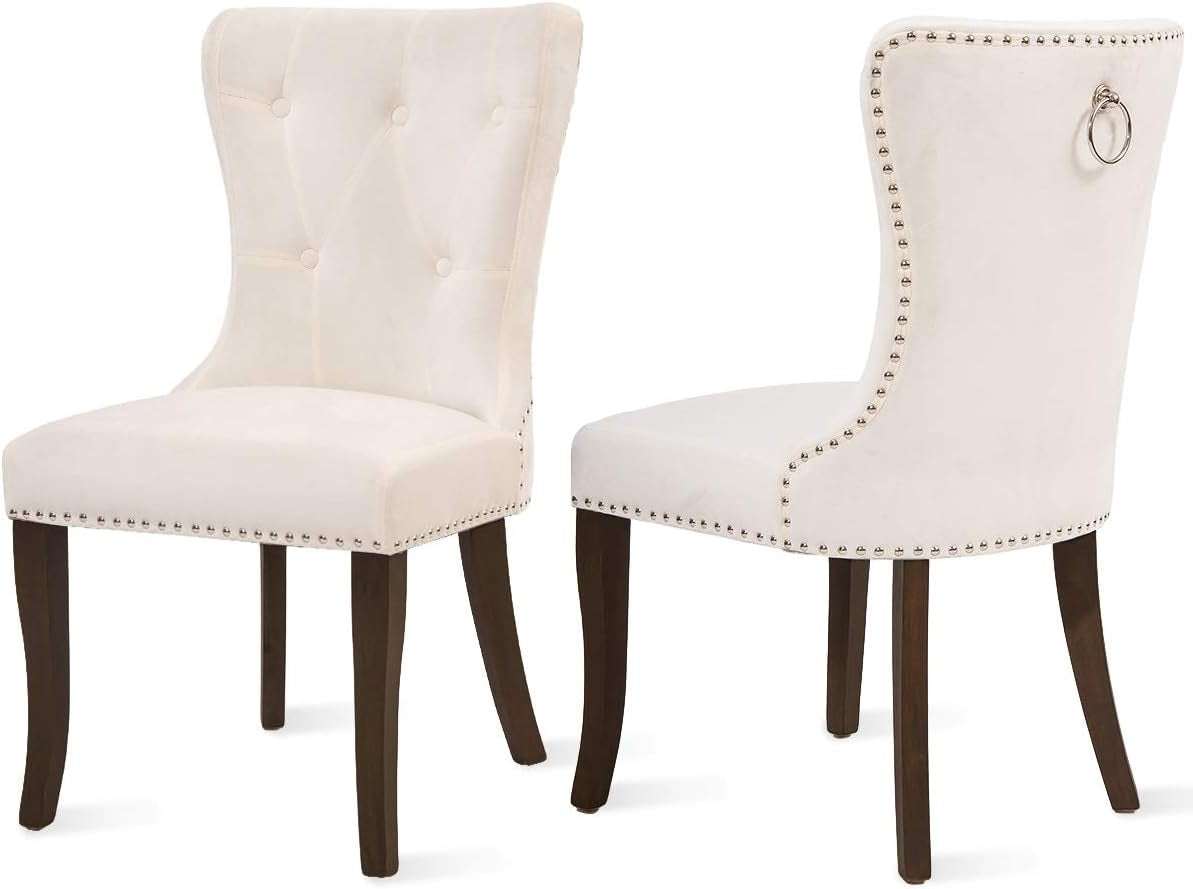 Dining Chairs Set of 2, Upholstered Cream Accent Chair Button Tufted Armless Chair with Nailhead Trim and Back Ring Pull, with Upgraded Size: 19.7 X 19.7 X 36.4 Inches