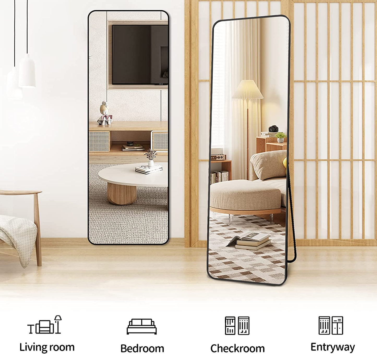 Black Full Length Mirror, 65"X22" Rounded Corner Floor Mirror Standing Hanging or Leaning against Wall Dressing Room Mirror Full Length