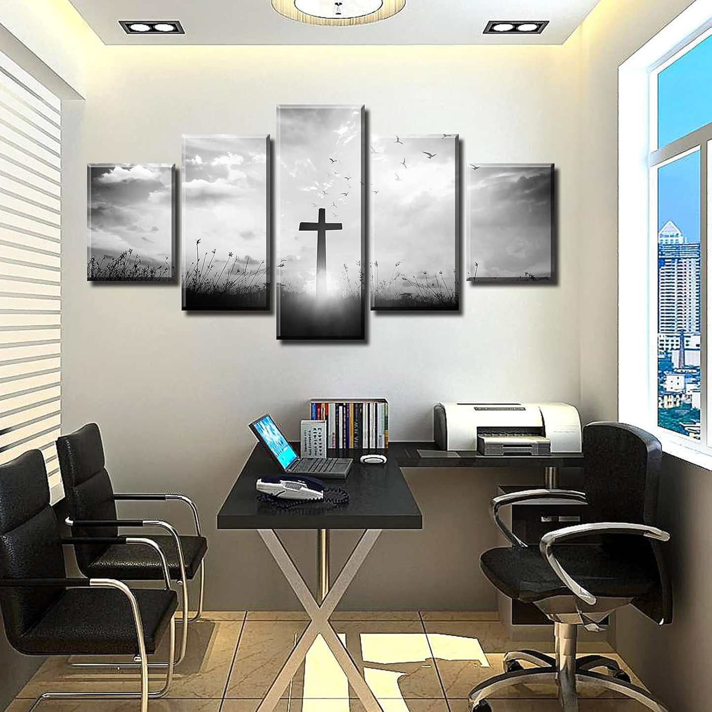Black and White Wall Art Christian Wall Decor for Living Room Religious Jesus Cross Pictures Prints Church Home Bedroom Spiritual Artwork Decorations 60" W X 32" H 5 Pieces