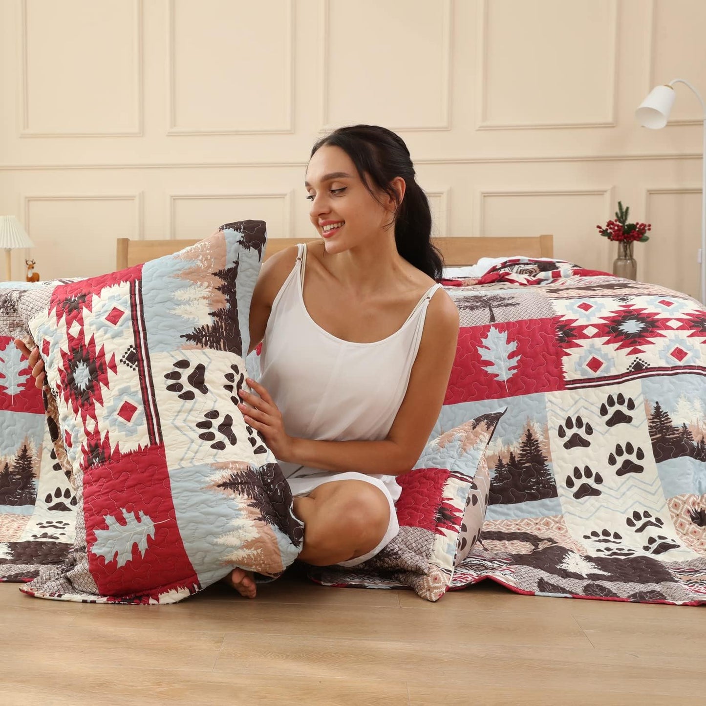 Lodge Bedding Set King Size Rustic Cabin Quilts Moose Bear Bedspread Cottage Coverlet with Sham Soft Lightweight All Season Bed Set, 1 Quilt 2 Pillow Shams