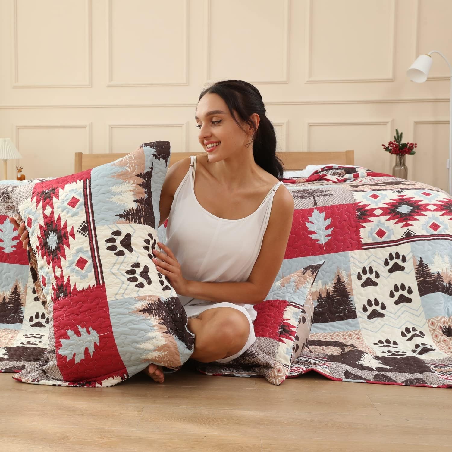Lodge Bedding Set King Size Rustic Cabin Quilts Moose Bear Bedspread Cottage Coverlet with Sham Soft Lightweight All Season Bed Set, 1 Quilt 2 Pillow Shams