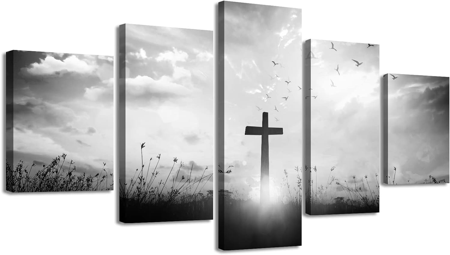 Black and White Wall Art Christian Wall Decor for Living Room Religious Jesus Cross Pictures Prints Church Home Bedroom Spiritual Artwork Decorations 60" W X 32" H 5 Pieces