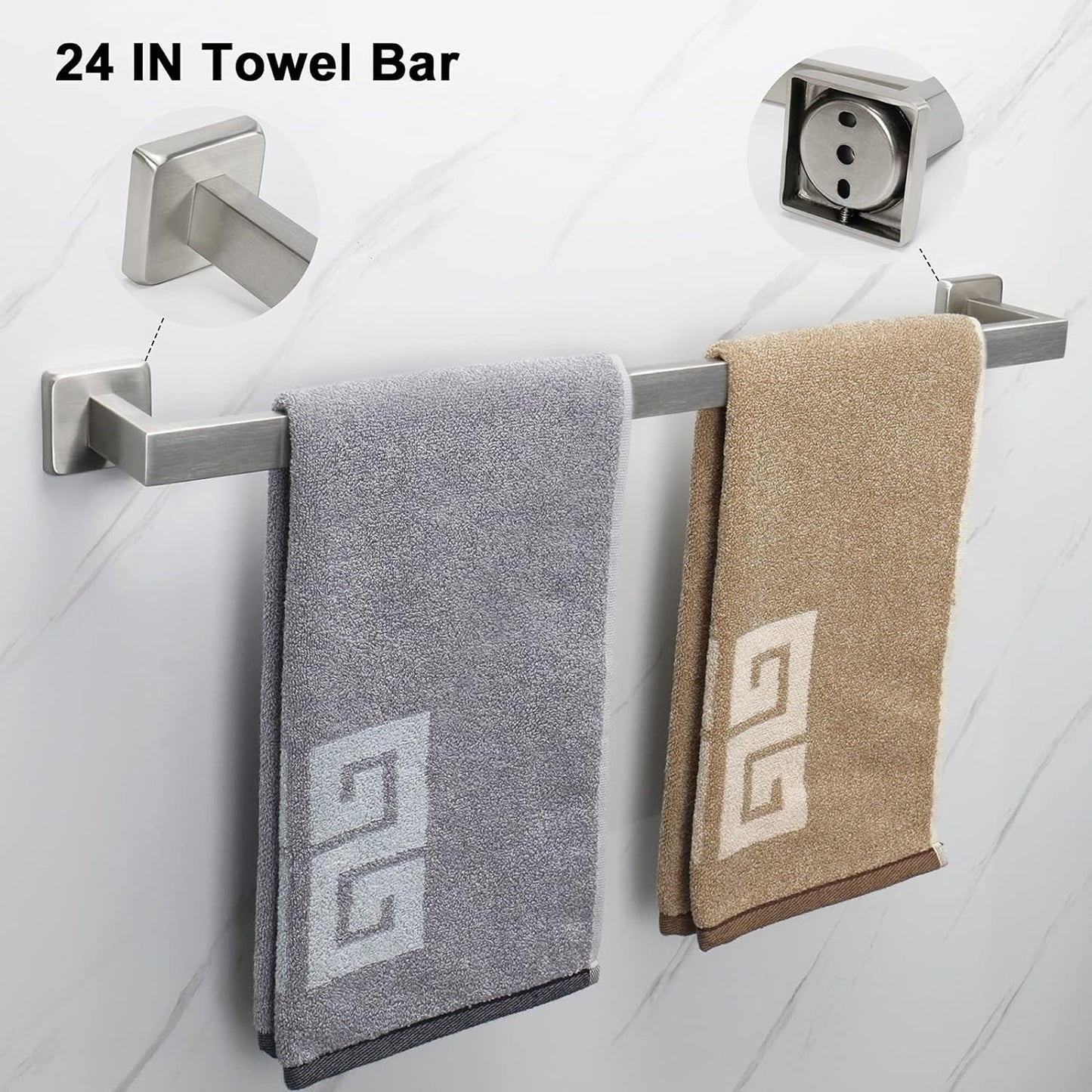 7 Pieces Bathroom Hardware Set 304 Stainless Steel-Square Towel Rack Set Include 24" Towel Rod+ 10" Hand Towel Bar+ Toilet Paper Holder+ 4Robe Towel Hooks Bathroom Accessories(Brushed Nickel)