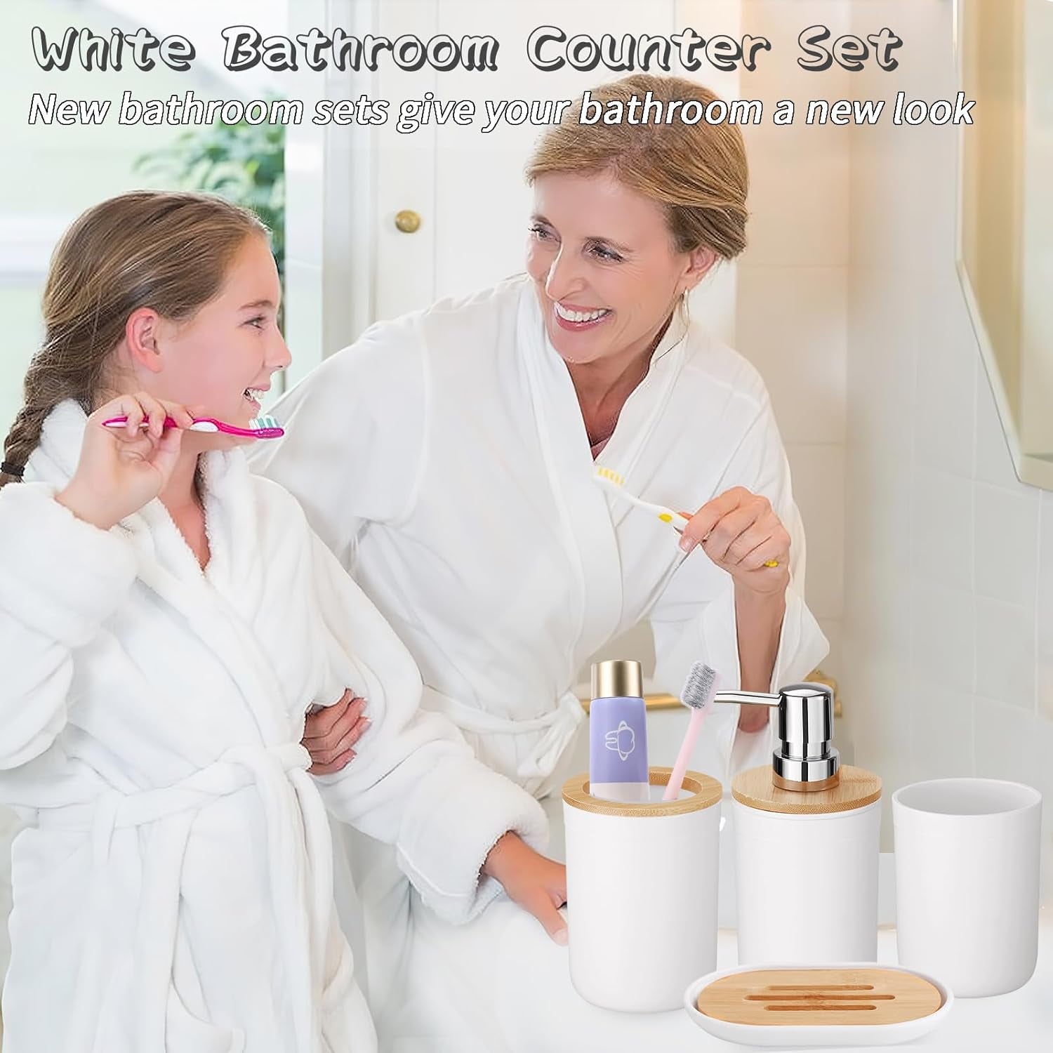 9 Pieces Bathroom Accessory Set, White Bathroom Accessories Set with Trash Can, Tray, Soap Dispenser, Toothbrush Holder, Toothbrush Cup, Soap Dish, Toilet Brush and Q-Tip Holders for Bathroom