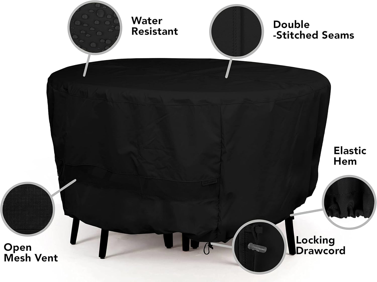 round Dining Table Cover - Water-Resistant Polyester, Mesh Ventilation, Patio Table Covers, 30DIAMETER X 25H, Black
