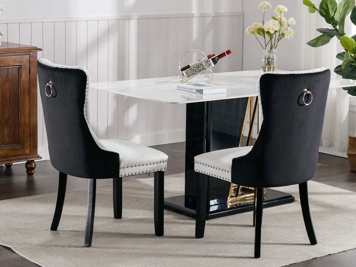 Dining Chairs Set of 2, Kitchen & Dining Room Chairs, Nailheads Tufted, Sillas De Comedor, White PU & Black Velvet Upholstered, Wood Legs (Two-Tone, 2 Pcs)
