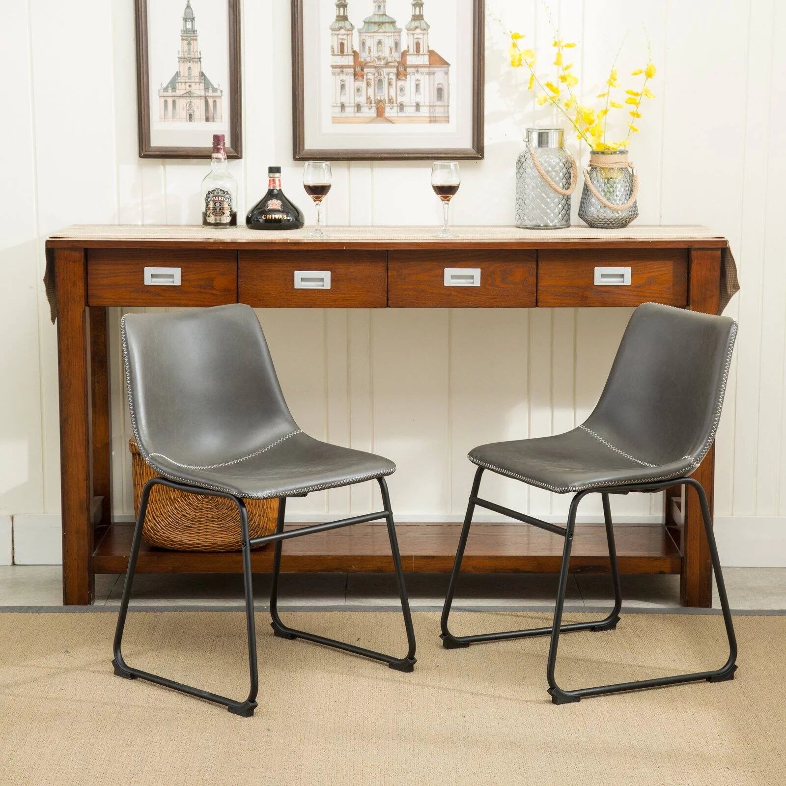 Lotusville Dining Chair, Set of 2, Faux Leather, Antique Gray