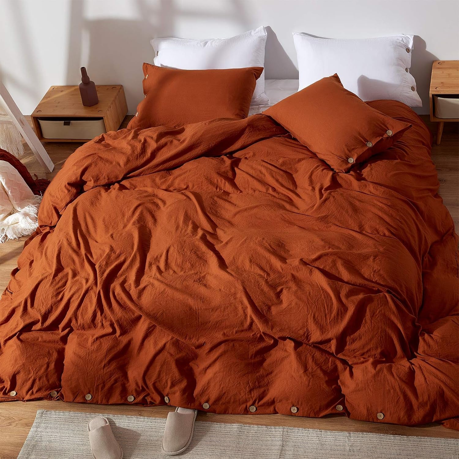 Burnt Orange Duvet Cover Sets Queen Size 3 Piece Double Brushed Microfiber Queen Duvet Cover with Button Closure & Corner Tie 1 Breathable and Soft Duvet Cover 90X90 Inches + 2 Pillow Shams