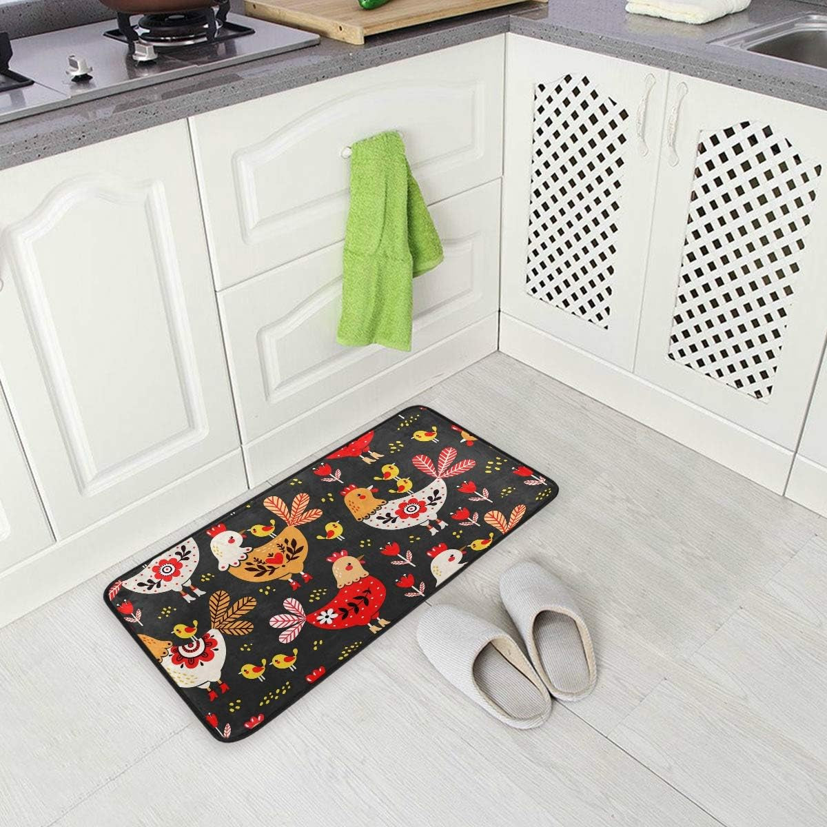 Kitchen Mat Cute Rooster Chickens Kitchen Rug Mat Anti-Fatigue Comfort Floor Mat Non Slip Oil Stain Resistant Easy to Clean Kitchen Rug Bath Rug Carpet for Indoor Outdoor Doormat