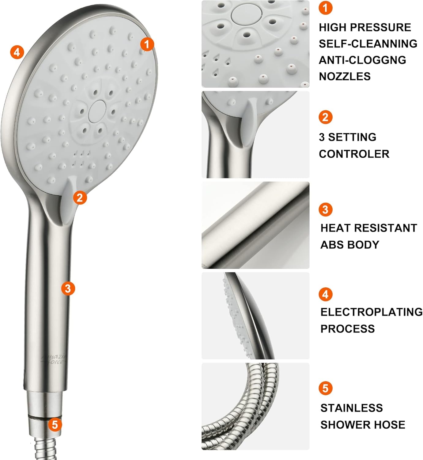 High Pressure Shower Head with Handheld 3 Settings - 5 Inch Handheld Rain Shower with Extra Shower Hose - Self-Cleaning Anti-Clogging Detachable Shower Head Sprayer Brushed Nickel