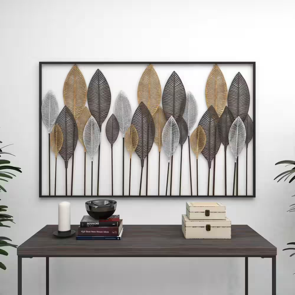 59 In. X 37 In. Metal Bronze Tall Cut-Out Leaf Wall Decor with Intricate Laser Cut Designs