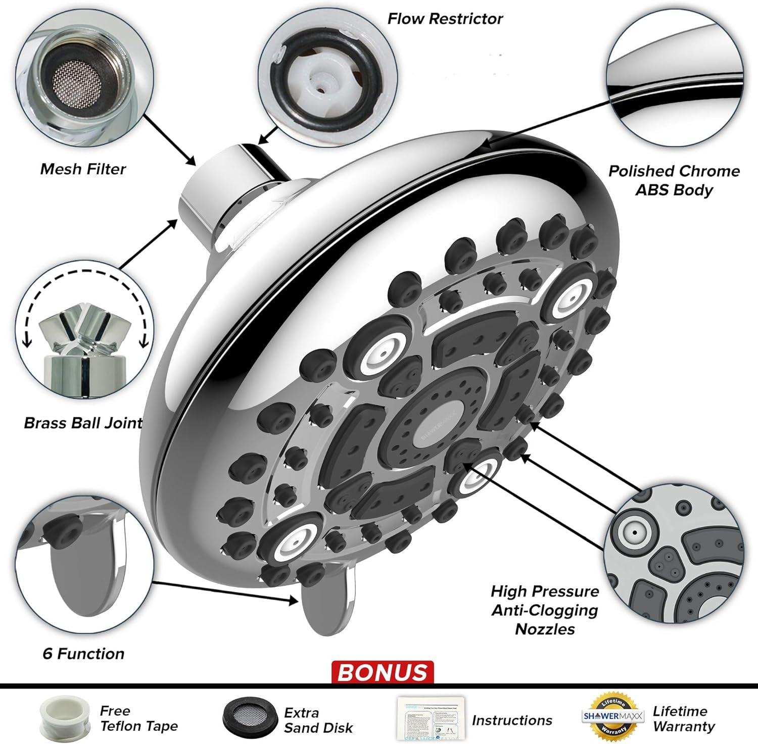 Luxury Spa Series: Chrome Shower Head, 5 Inch 6 Spray Settings Adjustable High Pressure Showerhead with 360 Degree Tilt, Experience Maxx-Imum Comfort and Elegance (Chrome Polished)