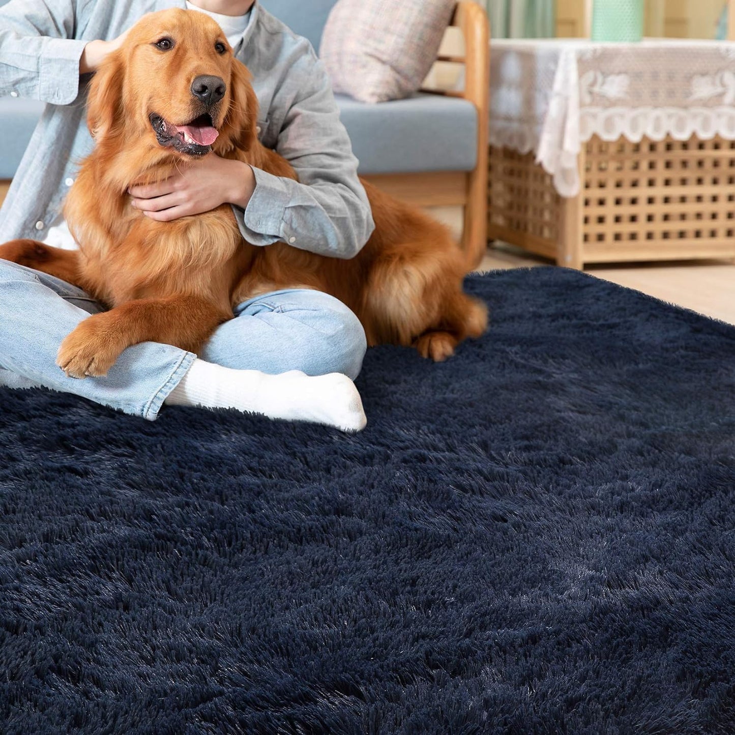Fluffy Area Rug Soft Modern Plush Velvet Area Rug 5'X 8' Faux Shaggy Area Rug Indoor Accent Rug Home Decor Nursery Rug Carpets for Bedroom, Dark Navy, 5'X 8'