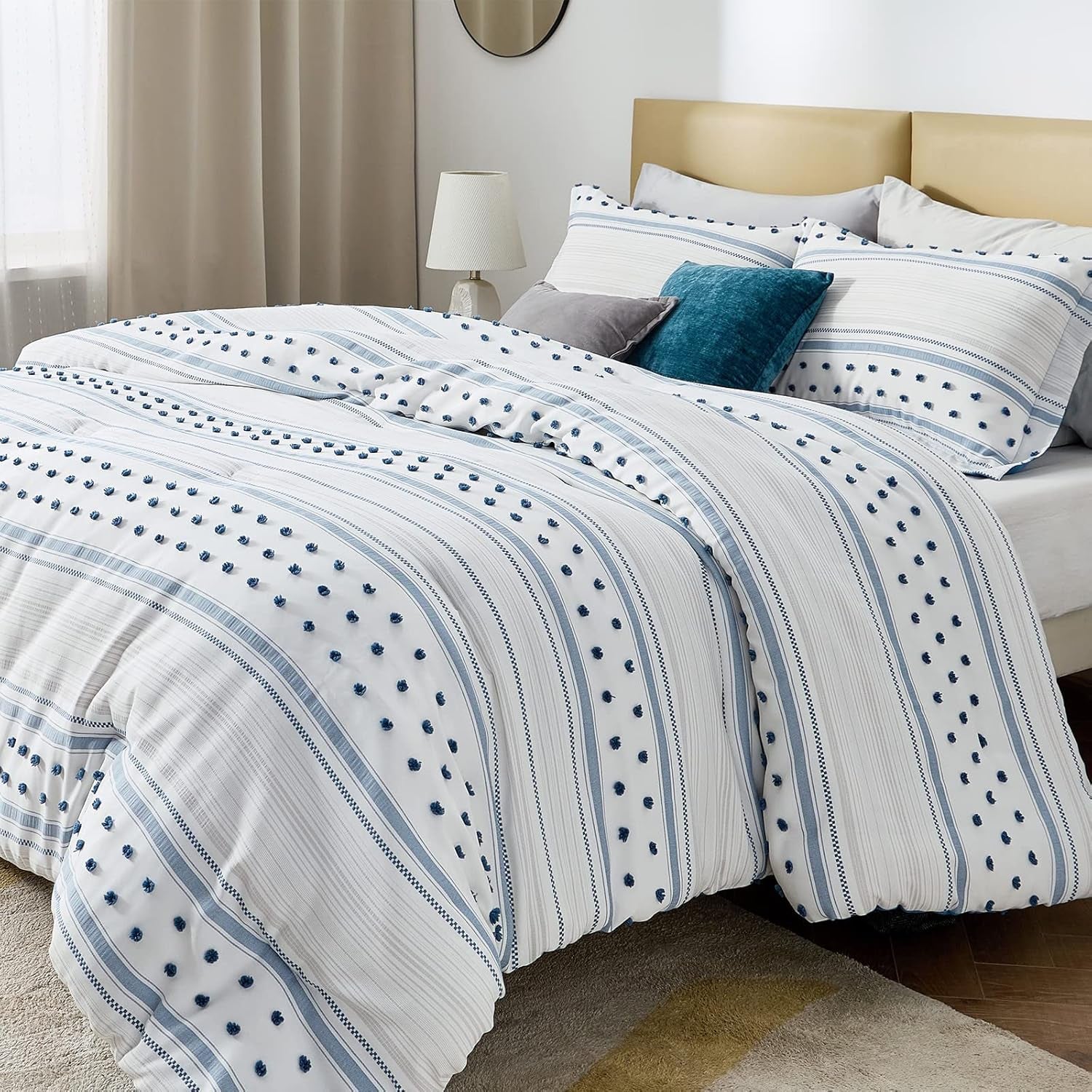 Boho Comforter Set Queen - Blue Lightweight Bedding Comforter Set, Reversible White Tufted Embroidery Farmhouse Home Decor for All Season
