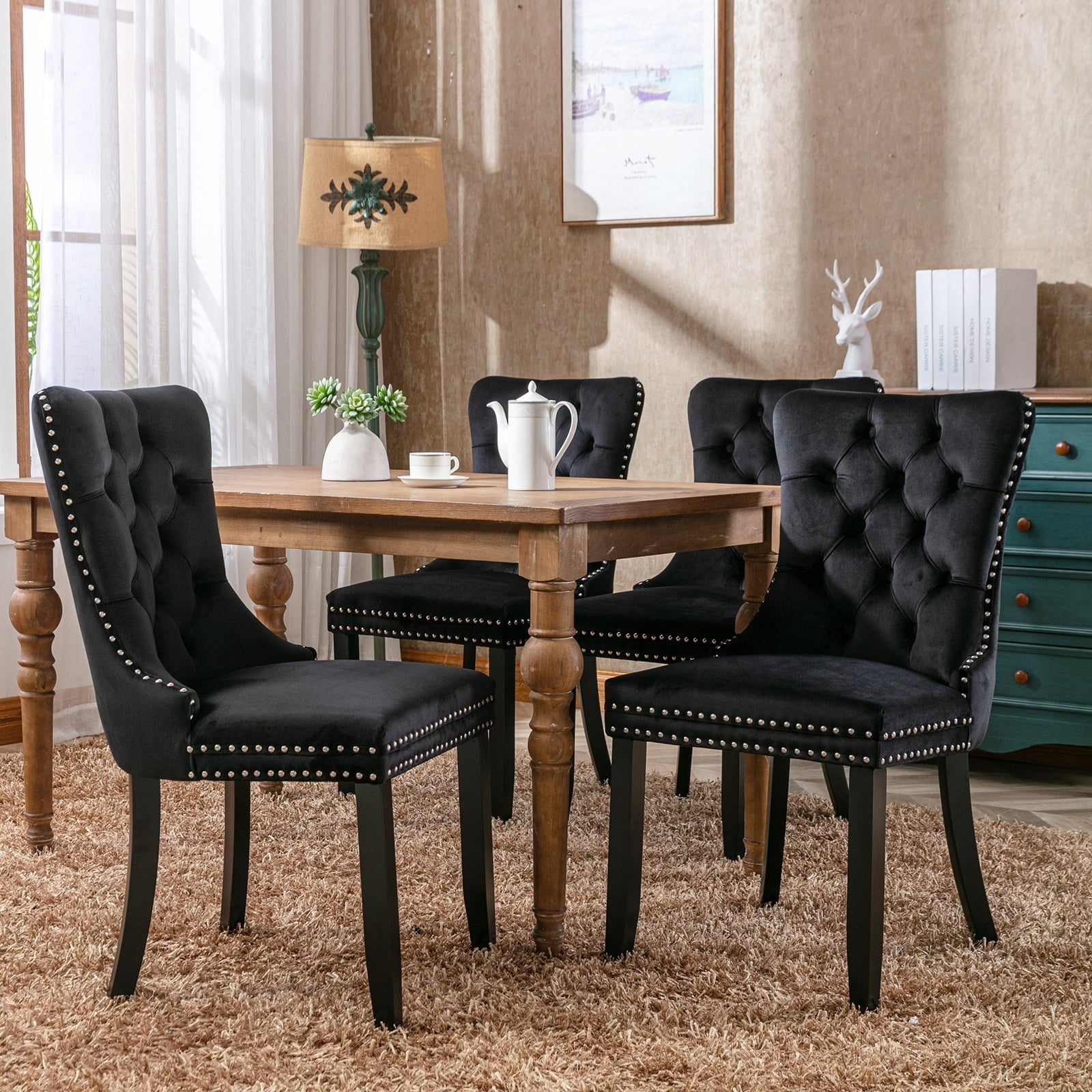 Black Velvet Dining Chairs Set of 2, Kitchen & Dining Room Chairs, Sillas De Comedor, Nailheads Tufted, Velvet Upholstered, Solid Wood (Black, 2 Pcs)
