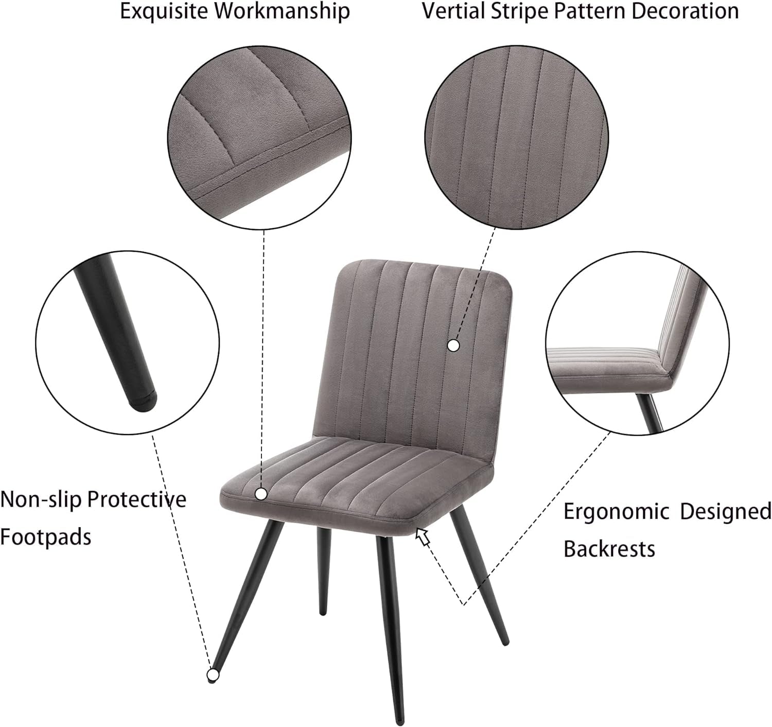Modern Dining Chairs Upholstered Dining Room Chairs Set of 2 Armless Accent Chairs Kitchen Chairs Desk Chairs with Metal Legs for Home Kitchen, Living Room, Office (Gray, Set of 2)