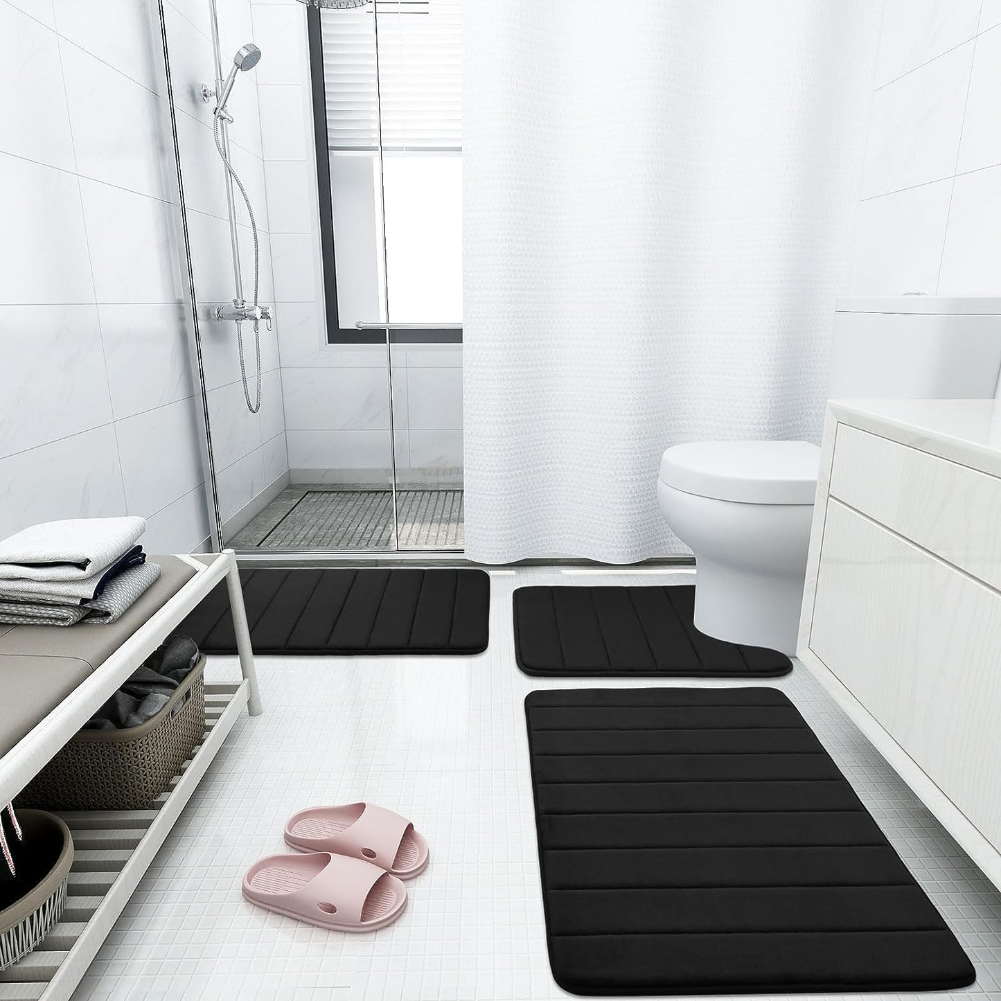 Memory Foam 3 Pieces Bathroom Rugs Set - Thick Soft Absorbent Non-Slip Bath Mats, Washable Small/Large/Contour Bath Rugs, Black
