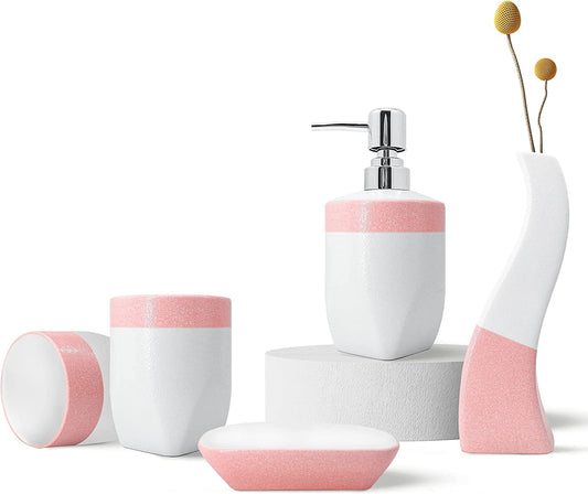 Pink Bathroom Accessory Set 5 Pcs, Including Hand Pump Soap Dispenser, Soap Dish, Toothbrush Holder and Vase,For Modern Bathroom Décor (Pink)