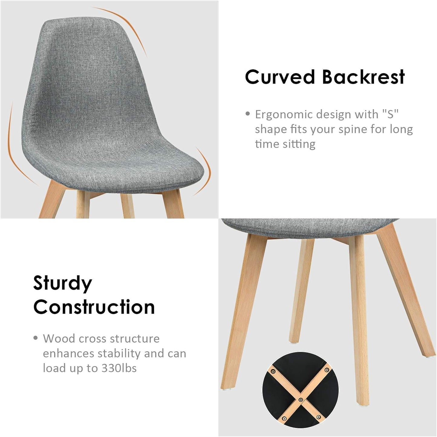 Set of 2 Modern Fabric Dining Chairs, Upholstered Accent Chair, Dining Room Side Chairs with Solid Wood Legs High Backrest Soft Padded Seat, Kitchen & Dining Room Chairs Easy Assembly, Grey