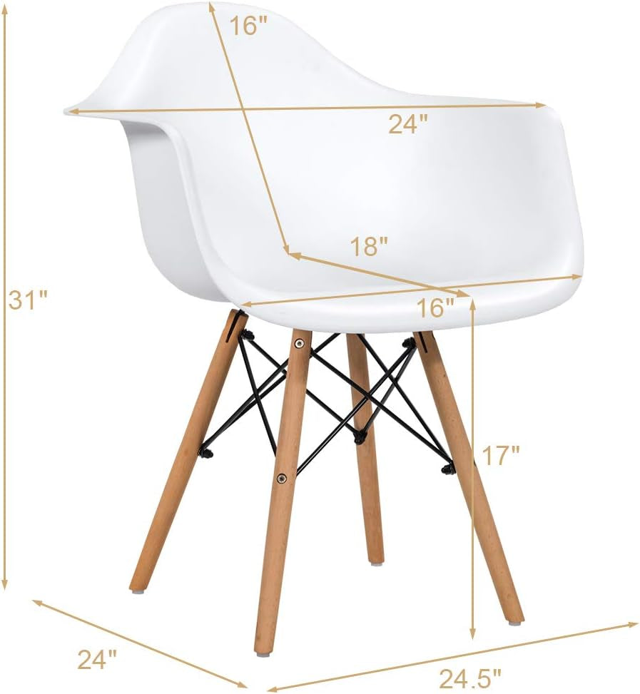 Dining Chairs Set of 2 White, Easily Assemble Modern Mid Century Dining Chairs with Wood Legs, Max Load to 330 Lbs, Plastic Kitchen Chairs with Arm for Dining Room