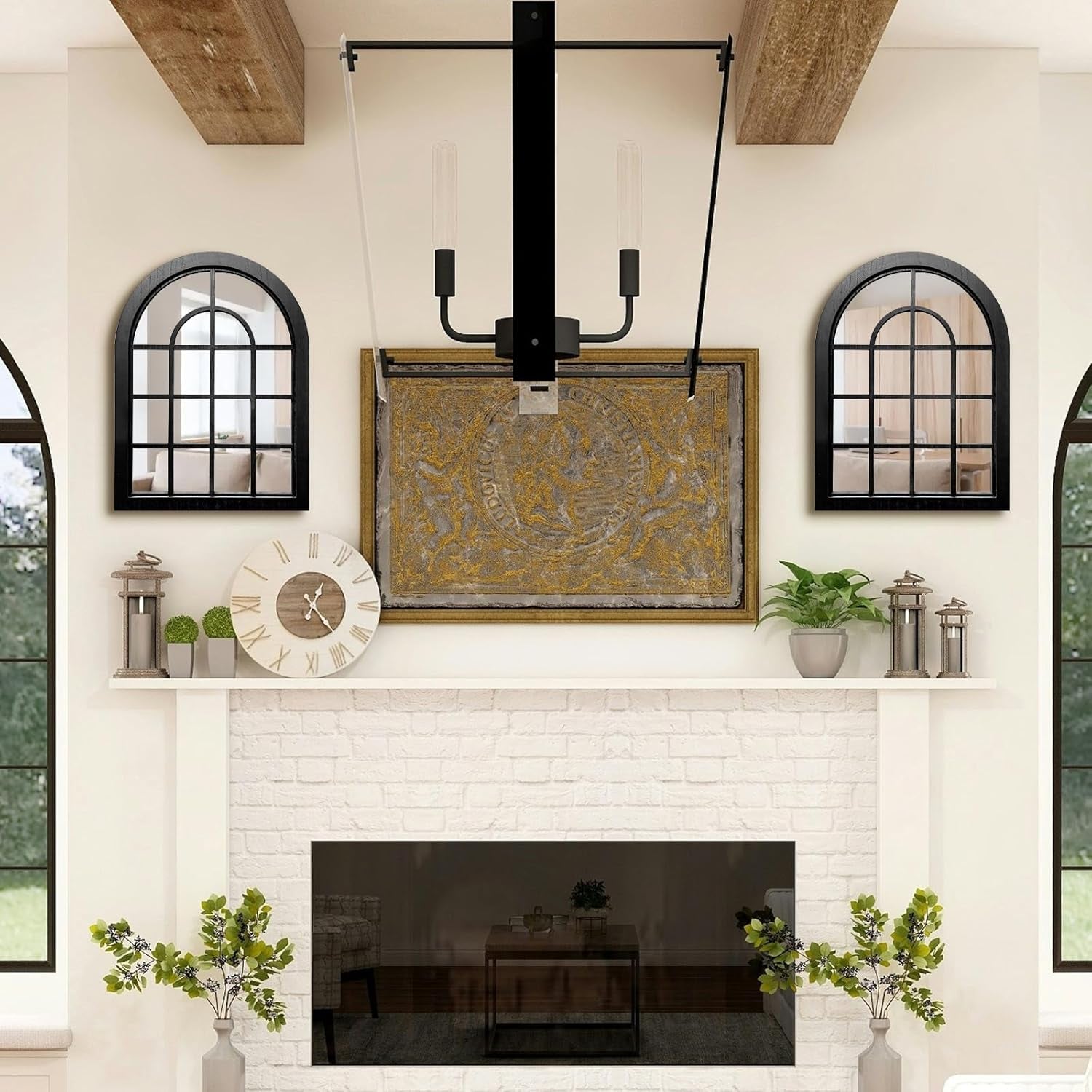 2PCS Arched Window Wall Mirror,Rustic Farmhouse Accent Mirror, Wood Framed Entry Mirror for Living Room,Bathroom,Bedroom,Kitchen,15.7X11.8 Inches