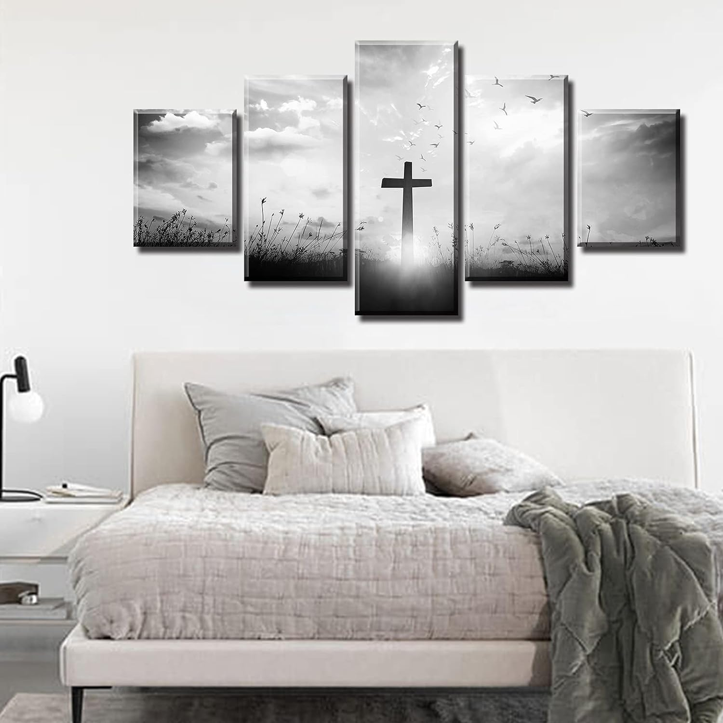 Black and White Wall Art Christian Wall Decor for Living Room Religious Jesus Cross Pictures Prints Church Home Bedroom Spiritual Artwork Decorations 60" W X 32" H 5 Pieces