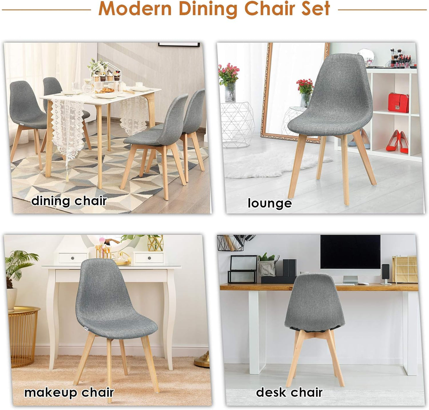 Set of 2 Modern Fabric Dining Chairs, Upholstered Accent Chair, Dining Room Side Chairs with Solid Wood Legs High Backrest Soft Padded Seat, Kitchen & Dining Room Chairs Easy Assembly, Grey