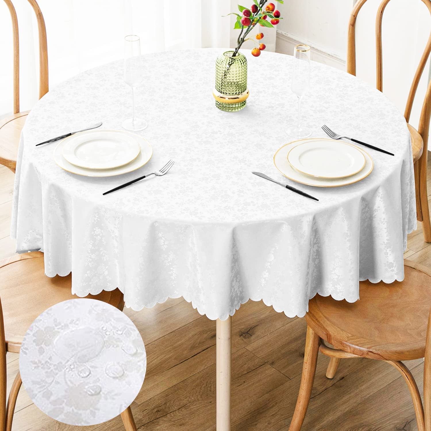 round Table Cloth, Waterproof Heavy Duty Vinyl Tablecloths, Wipeable Washable Table Cover for Kitchen and Dining Room (White, 60" X 60")