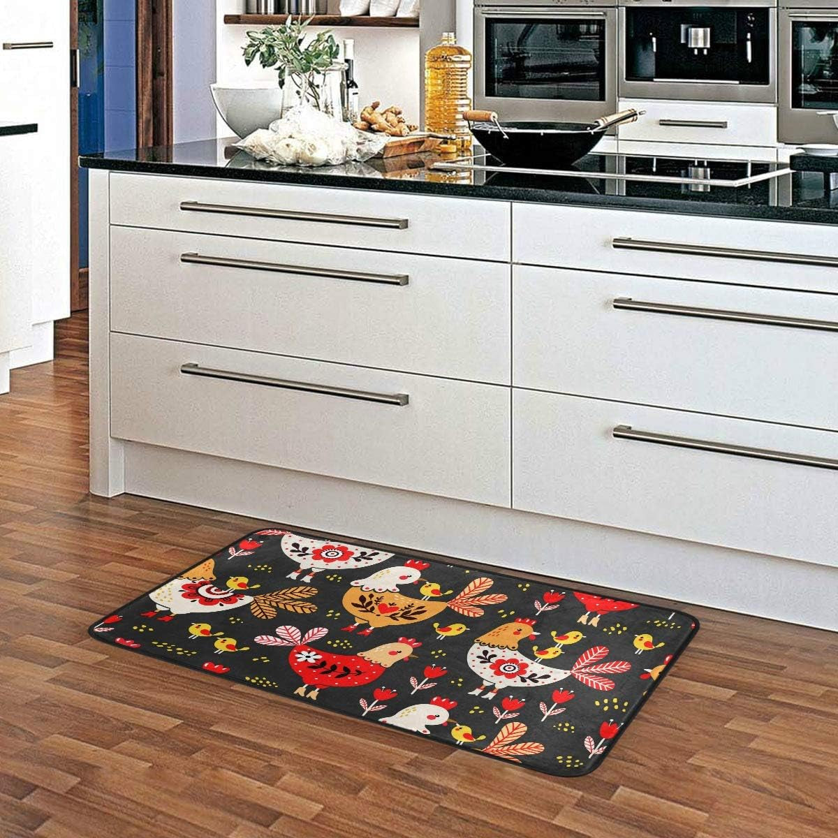 Kitchen Mat Cute Rooster Chickens Kitchen Rug Mat Anti-Fatigue Comfort Floor Mat Non Slip Oil Stain Resistant Easy to Clean Kitchen Rug Bath Rug Carpet for Indoor Outdoor Doormat