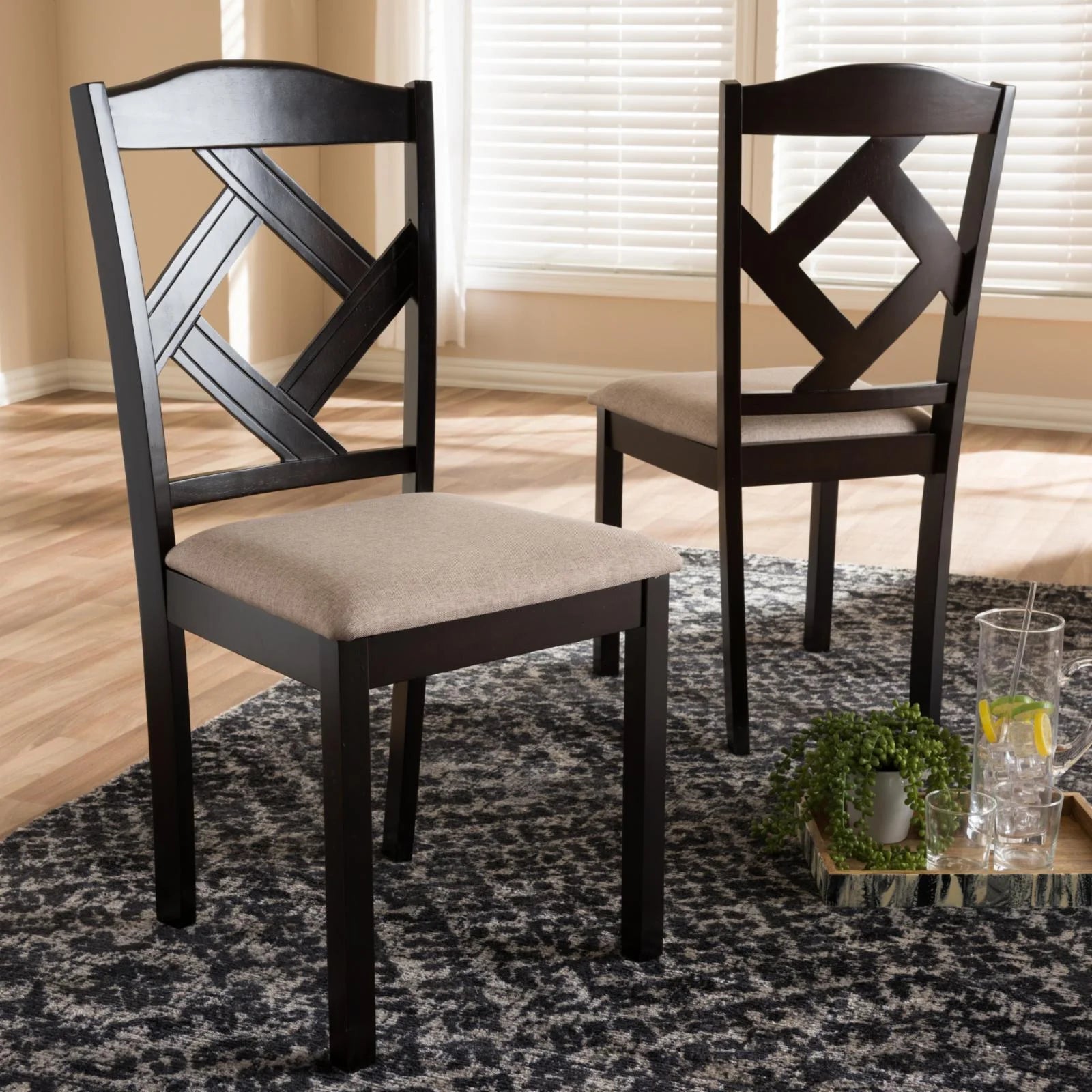 Ruth Solid Wood Dining Side Chair in Beige and Brown (Set of 2)