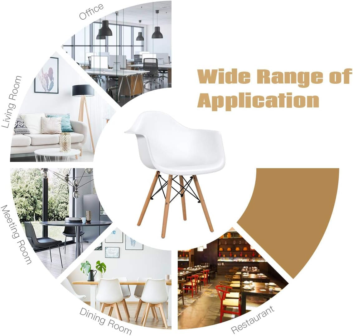 Dining Chairs Set of 2 White, Easily Assemble Modern Mid Century Dining Chairs with Wood Legs, Max Load to 330 Lbs, Plastic Kitchen Chairs with Arm for Dining Room