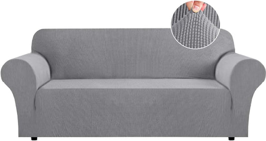 High Stretch Sofa Slipcover Non Slip Couch Cover for 3 Cushion Couch Washable Pet Furniture Protector Covers with Elastic Bottom, Thick Jacquard Fabric (Large, Dove)