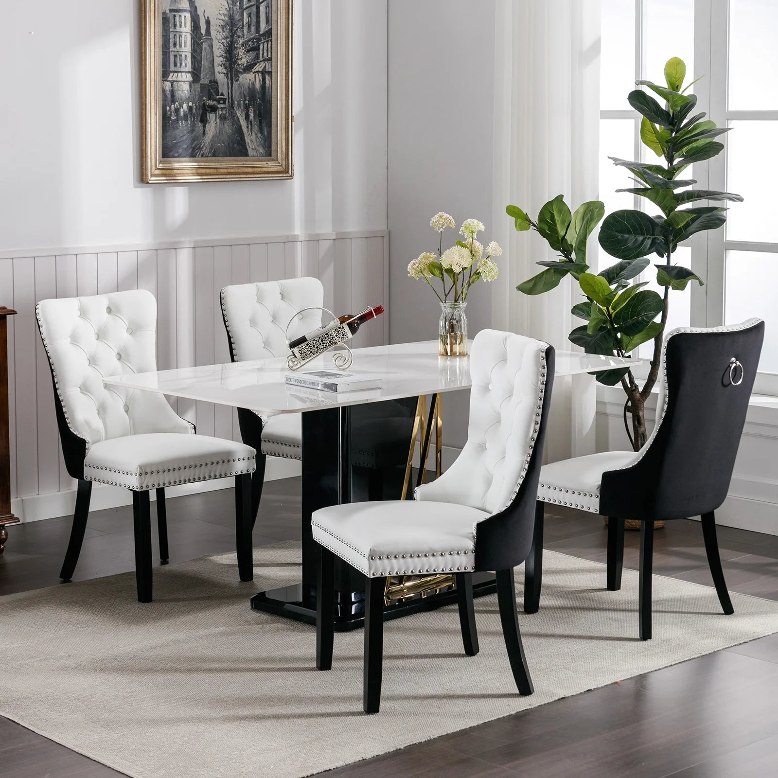 Dining Chairs Set of 2, Kitchen & Dining Room Chairs, Nailheads Tufted, Sillas De Comedor, White PU & Black Velvet Upholstered, Wood Legs (Two-Tone, 2 Pcs)