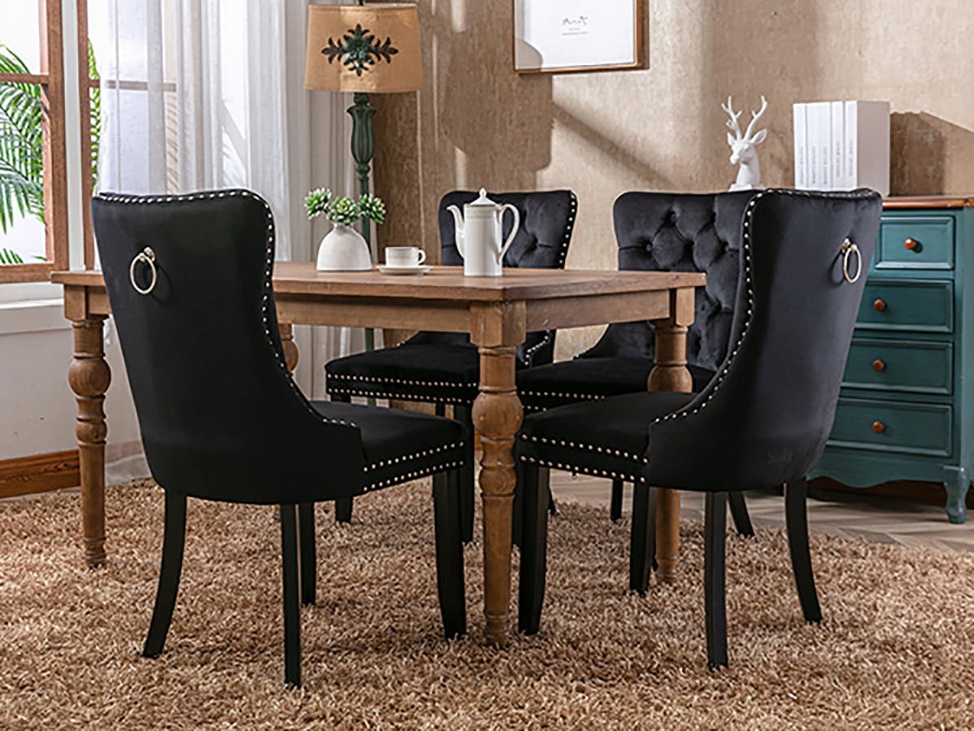 Black Velvet Dining Chairs Set of 2, Kitchen & Dining Room Chairs, Sillas De Comedor, Nailheads Tufted, Velvet Upholstered, Solid Wood (Black, 2 Pcs)