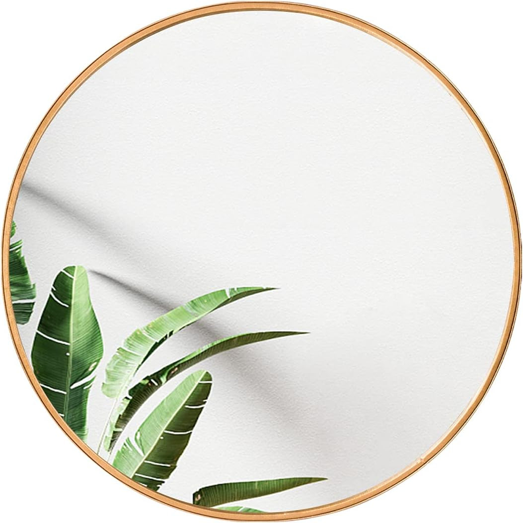 Leather Frame round Wall Mirror,24 Inch Large Circular Mirrors Wall Hanging Brass Circle Wall-Mounted Mirrors for Bathroom,Bedroom,Living Room(Gold Mirror)
