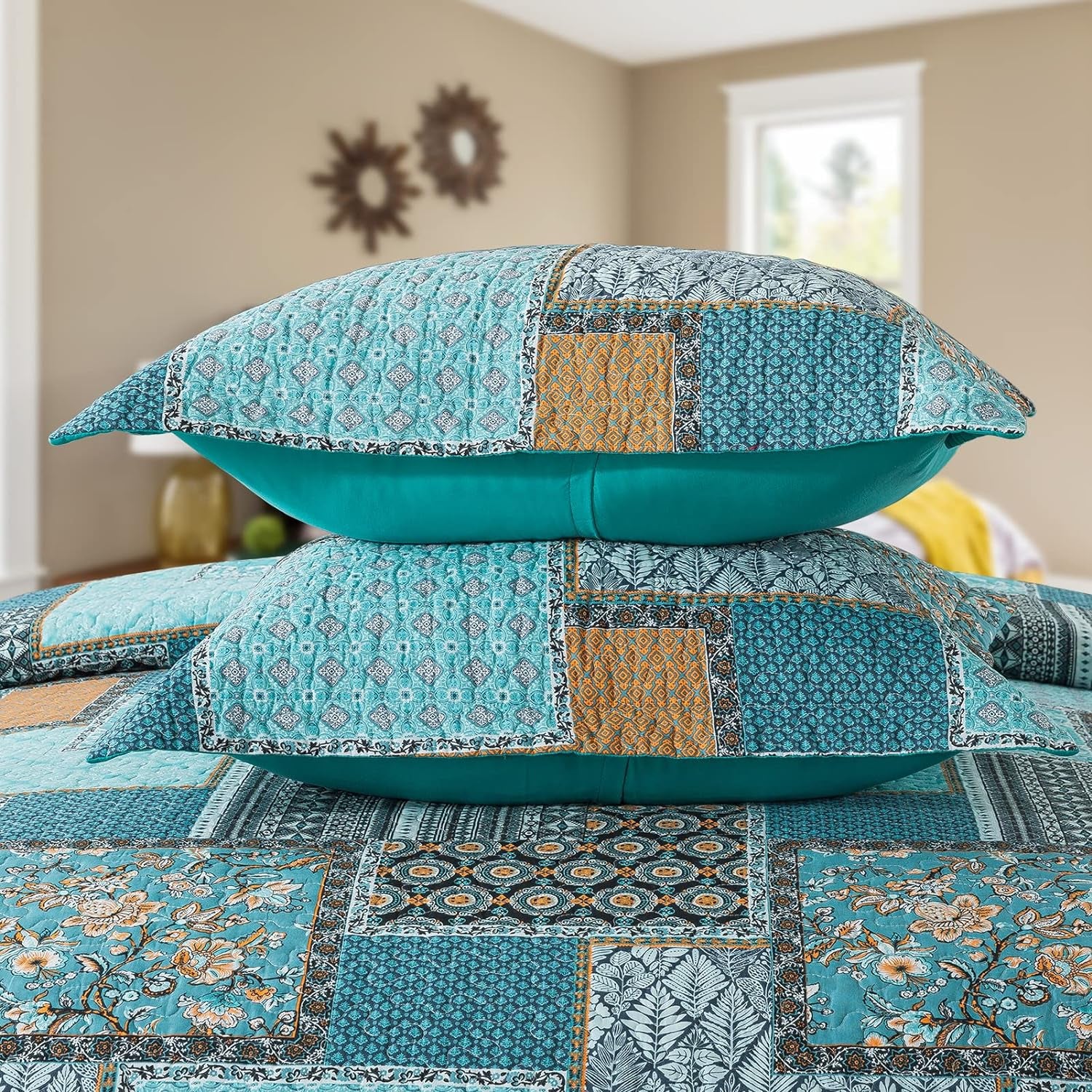 King Size Quilt Bedding Set - Soft Cotton King Size Bedspreads (98 * 106 In) - Lightweight Patchwork Floral Quilts for Farmhouse Bedroom (Teal/Green Chic, 3 Pieces)