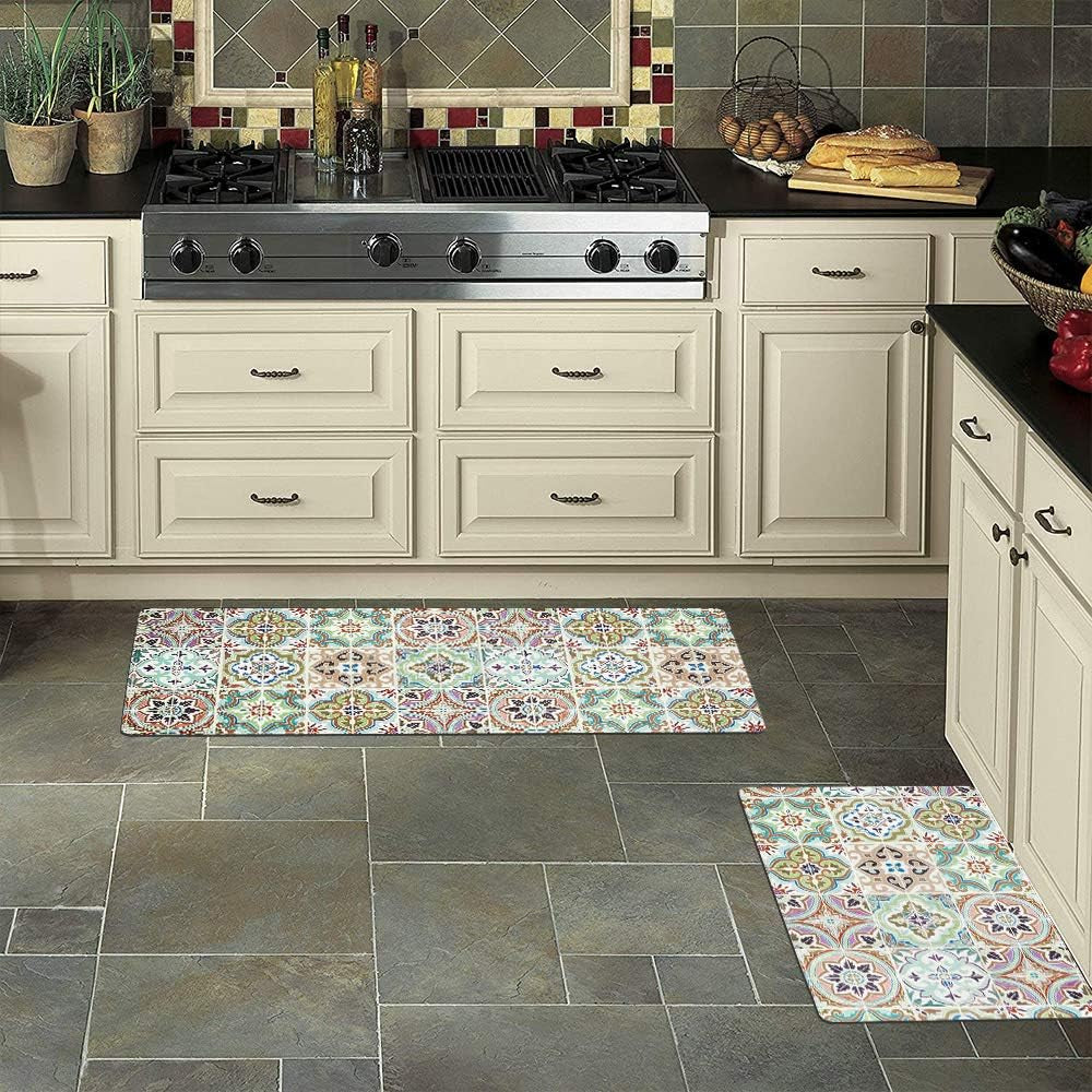 Bohemian Kitchen Rug Sets 2 Piece Non Skid Large Cushioned Kitchen Floor Mat Runner Set Waterproof Foam Rugs Floor Carpet for Sink Laundry Bathroom