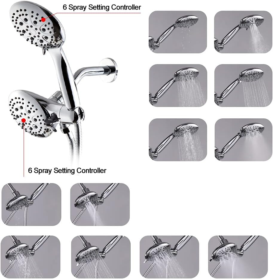 Shower Faucet Set with Valve Chrome Bathroom High Pressure 35 Setting Dual 2 in 1 Shower Head System with Handheld, 3-Way Water Diverter Shower Trim Kit