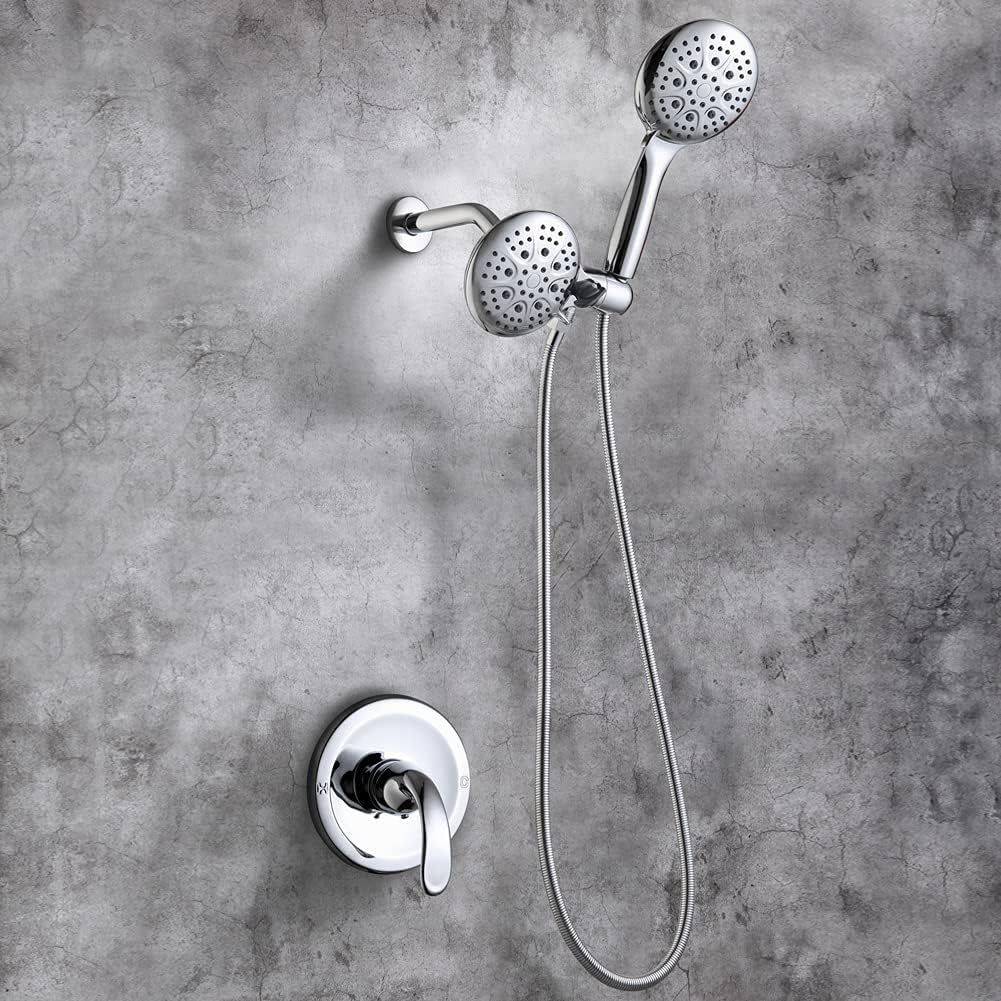 Shower Faucet Set with Valve Chrome Bathroom High Pressure 35 Setting Dual 2 in 1 Shower Head System with Handheld, 3-Way Water Diverter Shower Trim Kit