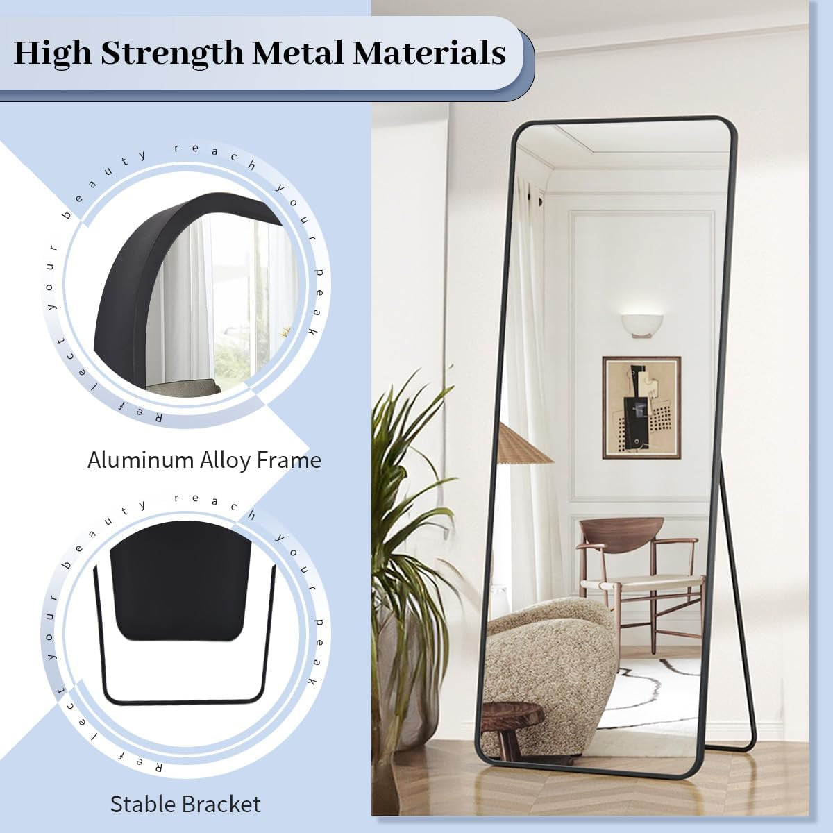 Black Full Length Mirror, 65"X22" Rounded Corner Floor Mirror Standing Hanging or Leaning against Wall Dressing Room Mirror Full Length