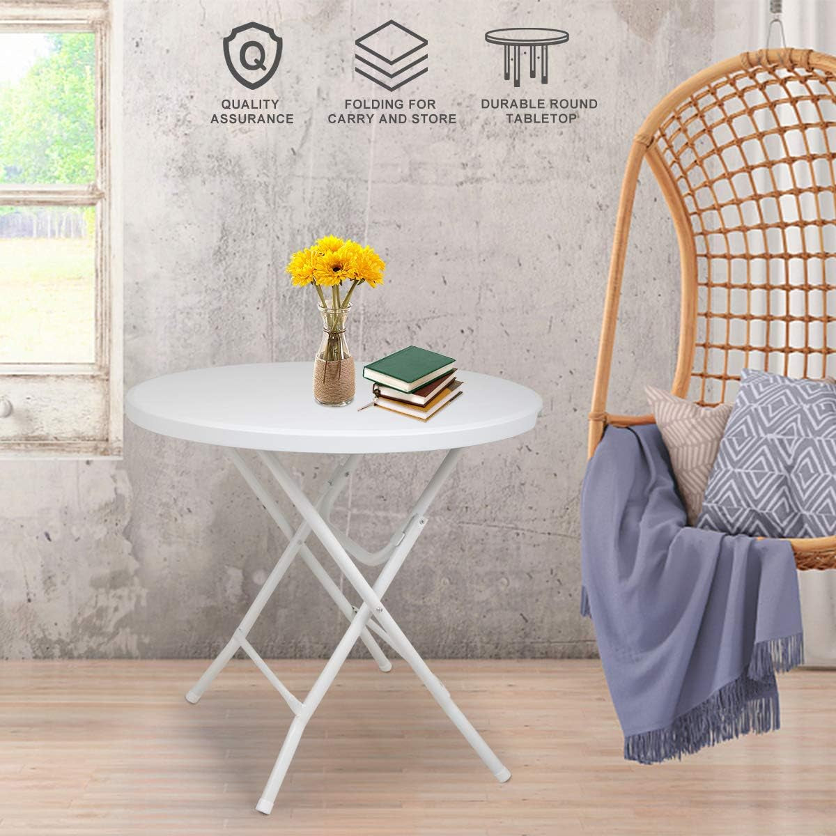 32In Bar Folding round Plastic Dining Coffee Table with X-Frame Legs for Kitchen or Outdoor Party