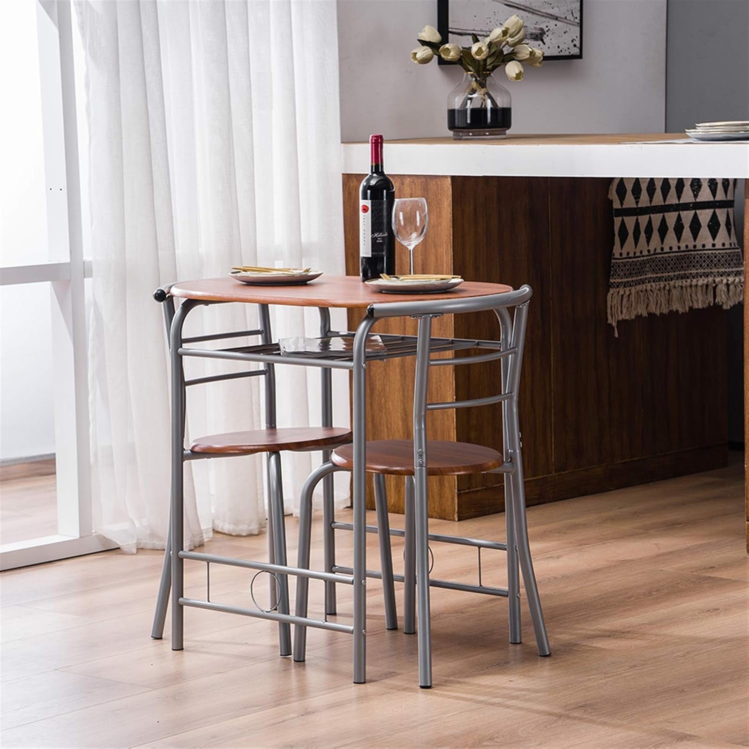 3 Piece Dining Table Set Kitchen Wood Dining Table Furniture Set and 2 Chairs Wooden round Table & Chair Set Compact Space with Steel Frame and Wine Rack for Kitchen, Dining Room (Ship from USA)