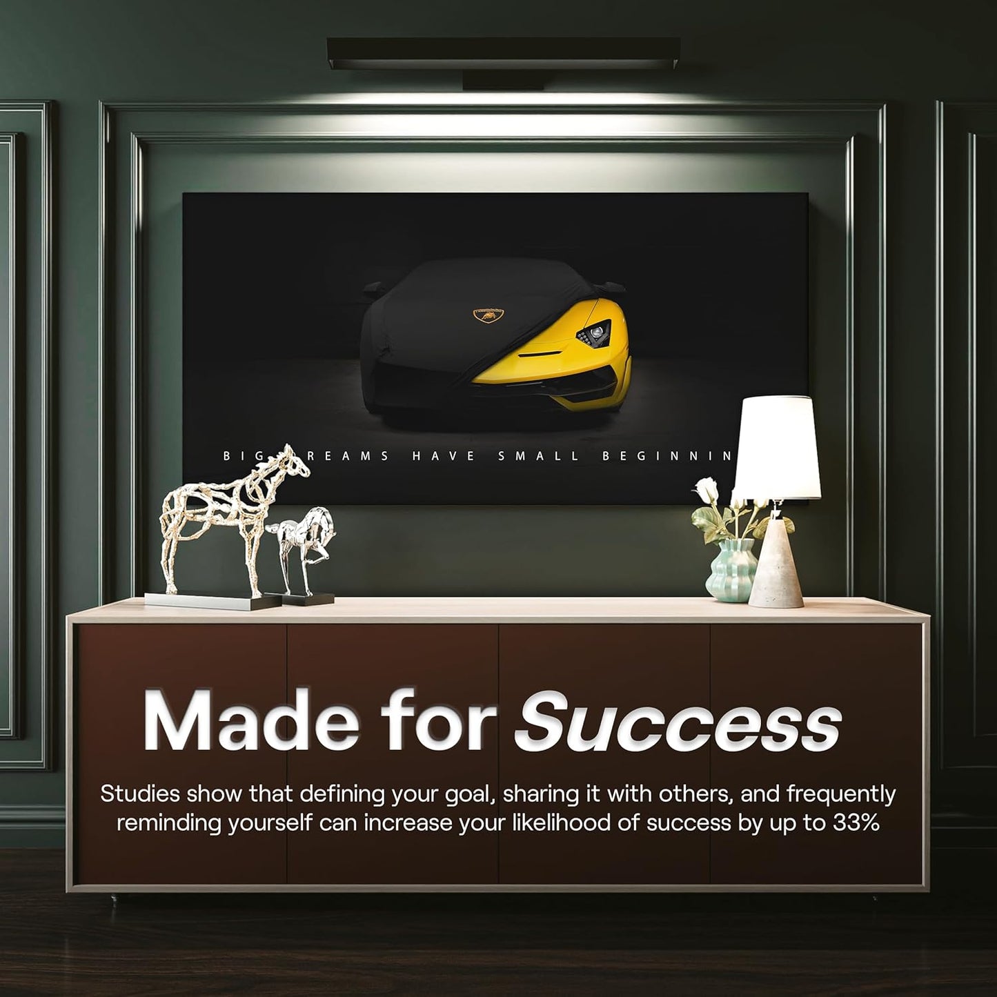 Supercar Wall Art, Office Decor Canvas Print, Big Dreams Have Small Beginnings Motivational Quote, Supercar Art Print, Print (30" X 60" In)