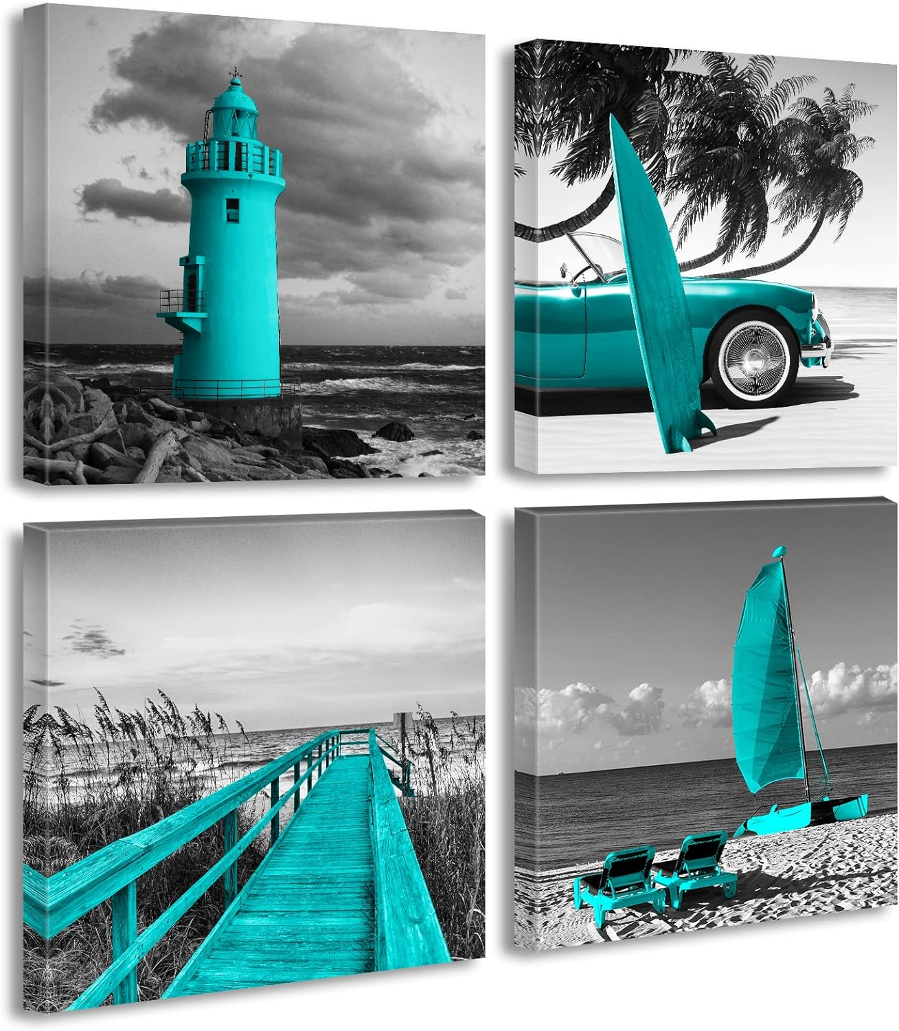 Beach Wall Art Teal Wall Decor Bathroom Decor Sets Accessories Black and White Ocean Lighthouse Painting Palm Tree Surfboard Car Bridge Picture Prints Seascape Office Bedroom Poster 12X12 Inches X4