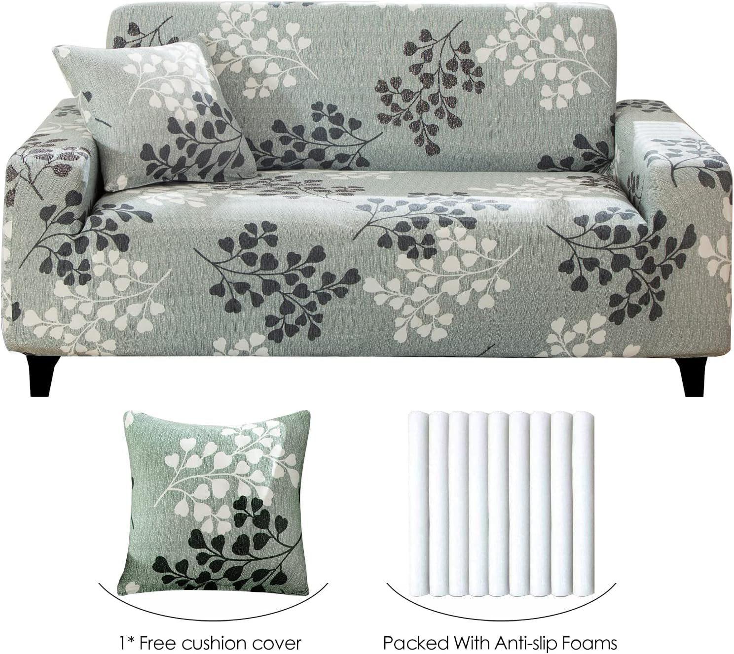 Stretch Sofa Cover Printed Couch Covers Loveseat Slipcovers for 2 Cushion Couches Sofas Elastic Universal Furniture Protector with 1 Pillowcase (Medium, Cyan Grey Leaves)