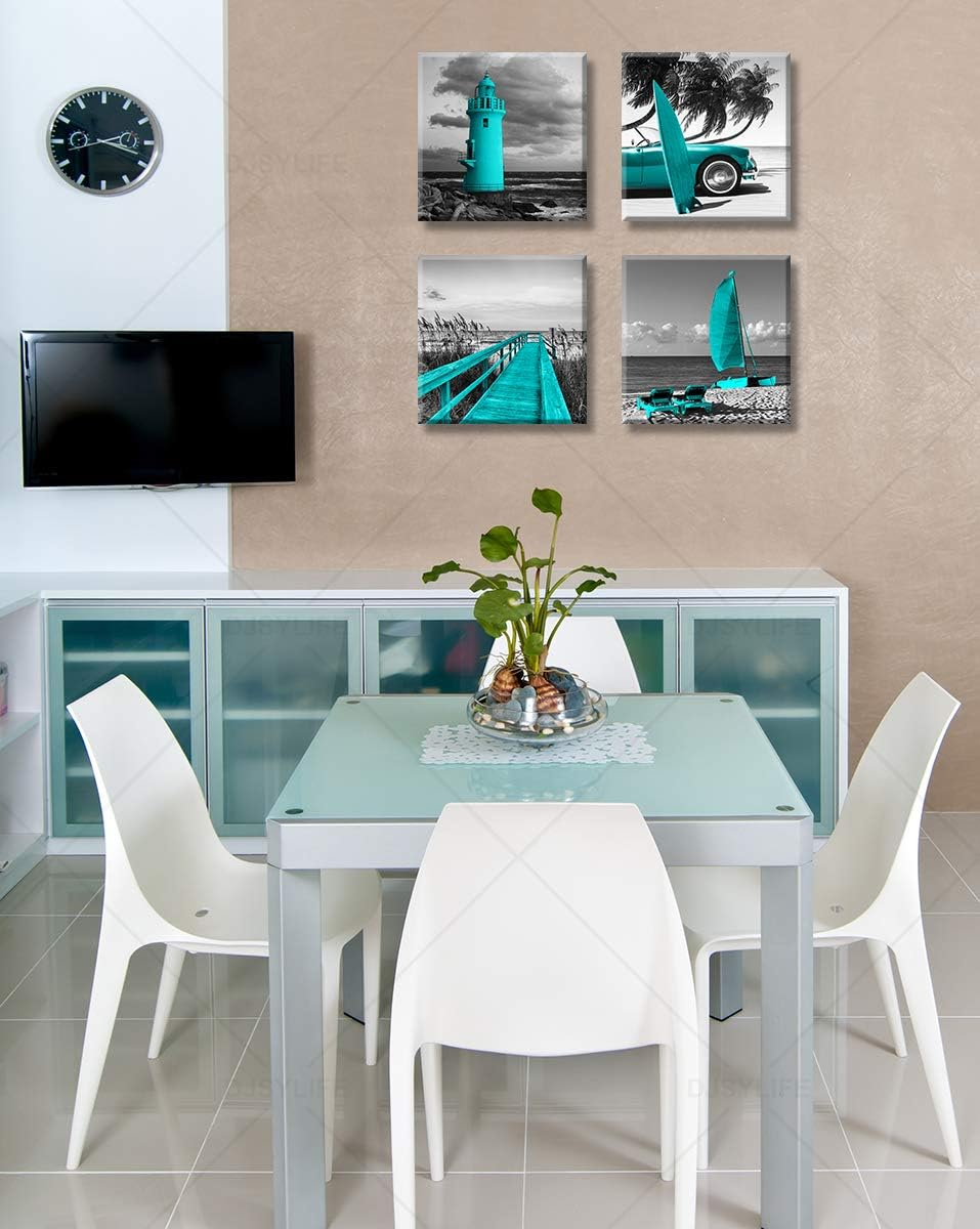 Beach Wall Art Teal Wall Decor Bathroom Decor Sets Accessories Black and White Ocean Lighthouse Painting Palm Tree Surfboard Car Bridge Picture Prints Seascape Office Bedroom Poster 12X12 Inches X4