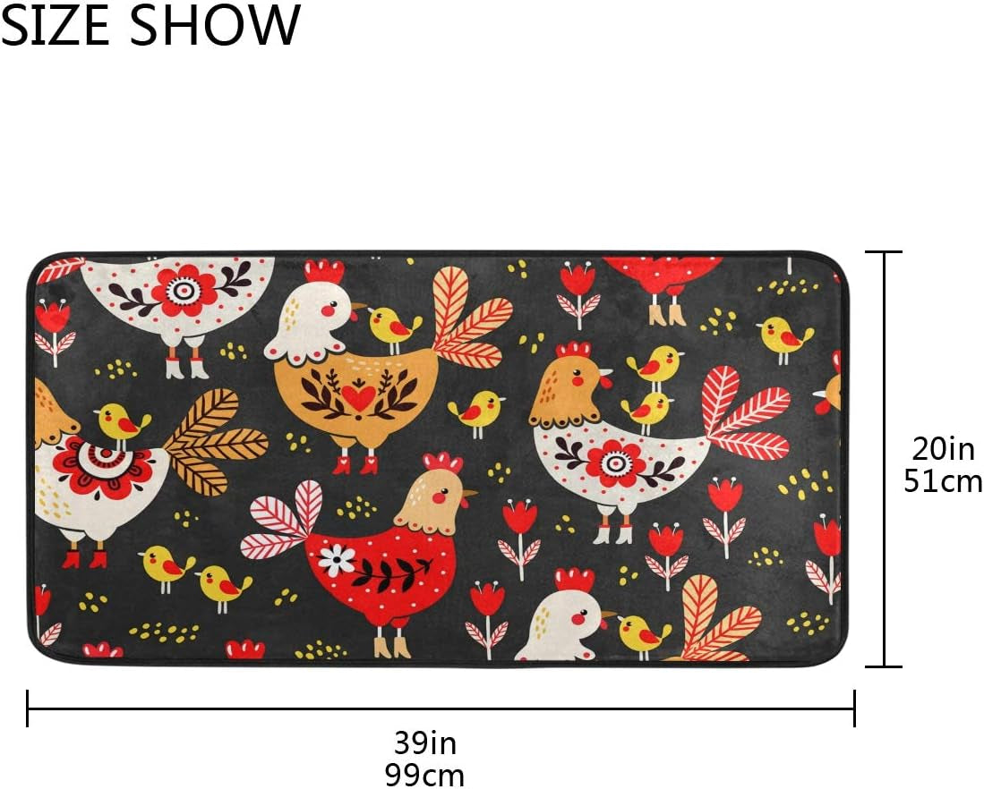 Kitchen Mat Cute Rooster Chickens Kitchen Rug Mat Anti-Fatigue Comfort Floor Mat Non Slip Oil Stain Resistant Easy to Clean Kitchen Rug Bath Rug Carpet for Indoor Outdoor Doormat